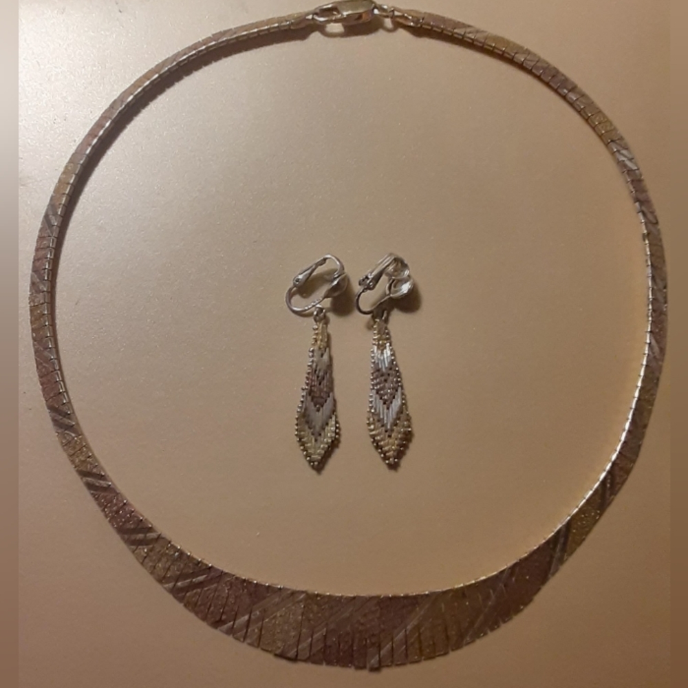 ITALY Sterling & Gold Vermeil FRINGED COLLAR NECKLACE & EARRINGS